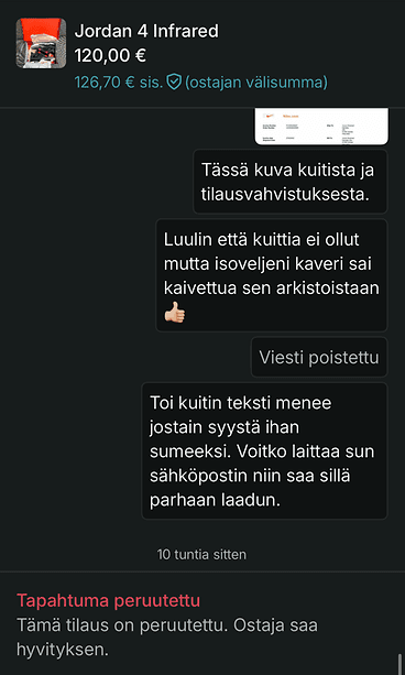 Kuvassa Josan ja Vintedin käymää keskustelua Niken lenkkikengistä.