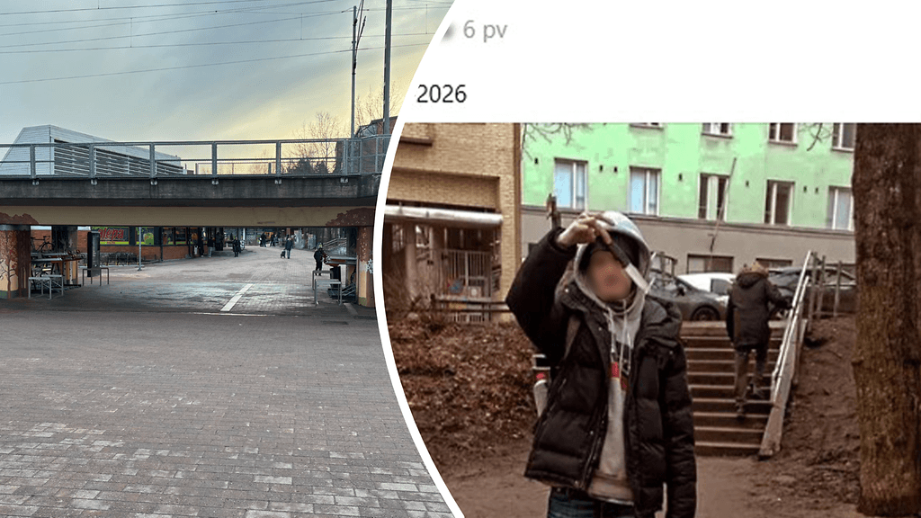 Mies esittelee kuvassa teräasetta naamansa edessä ja seisoo ulkona.