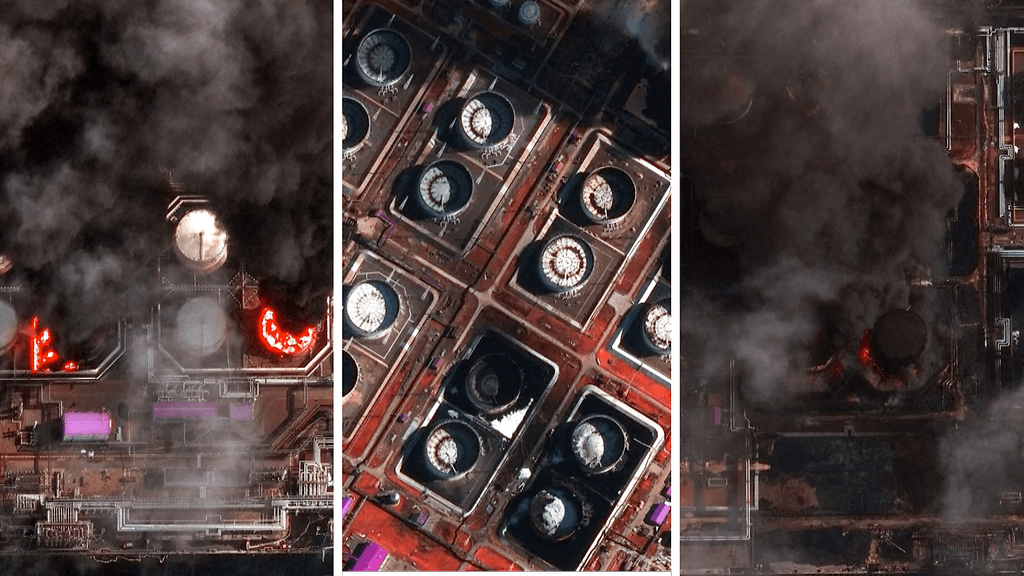 Satelliittikuvat näyttävät vauriot ja tulipalot Venäjän Suomenlahden öljysatamissa