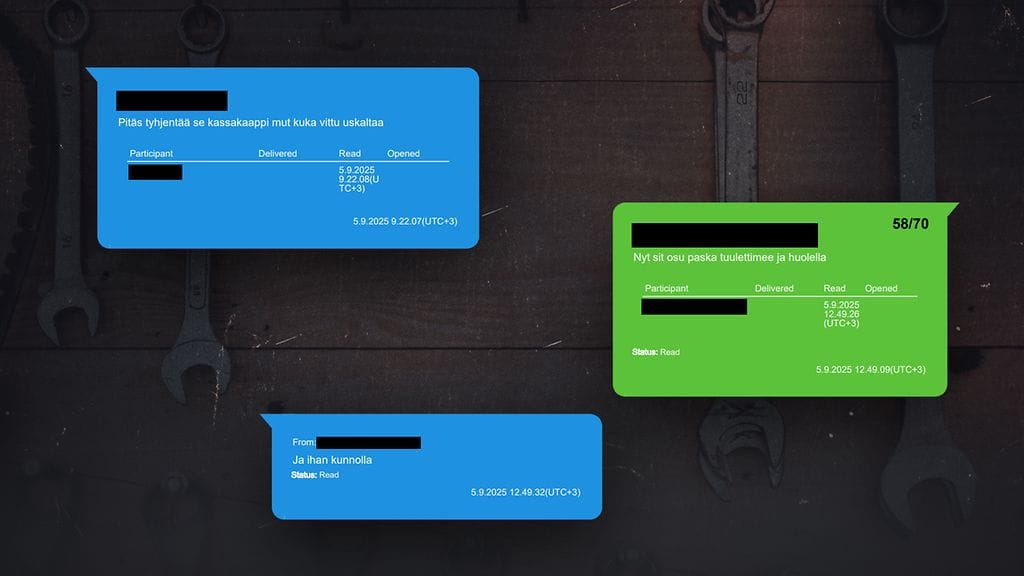 Kuvakaappauksia kolmikon toisilleen lähettämistä viesteistä.