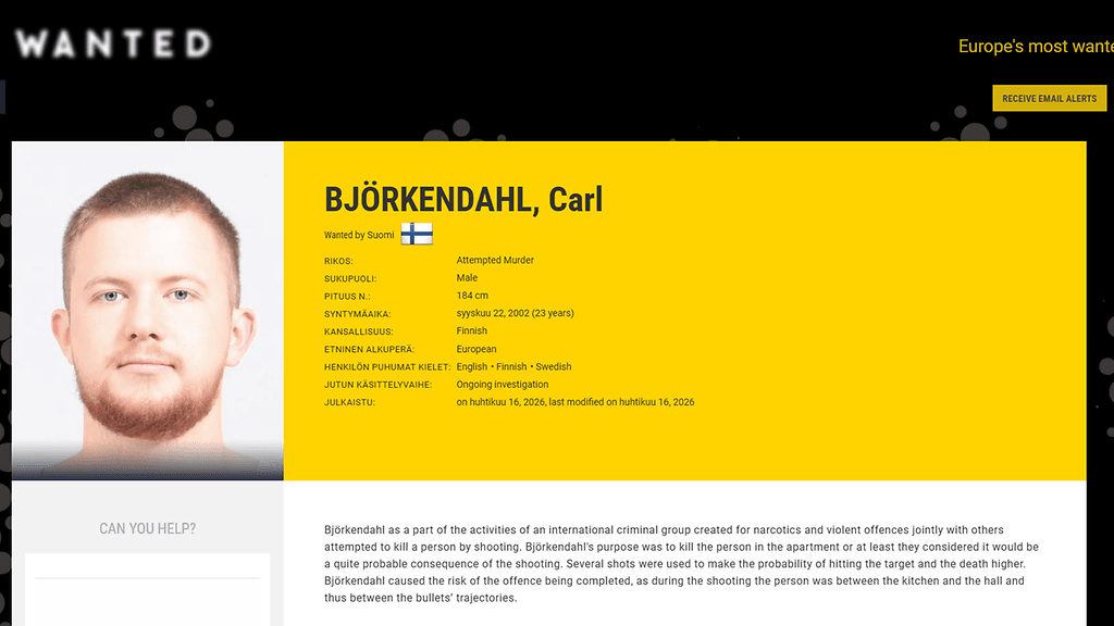 Björkendahl lisättiin Europolin etsityimpien listalla eilen.
