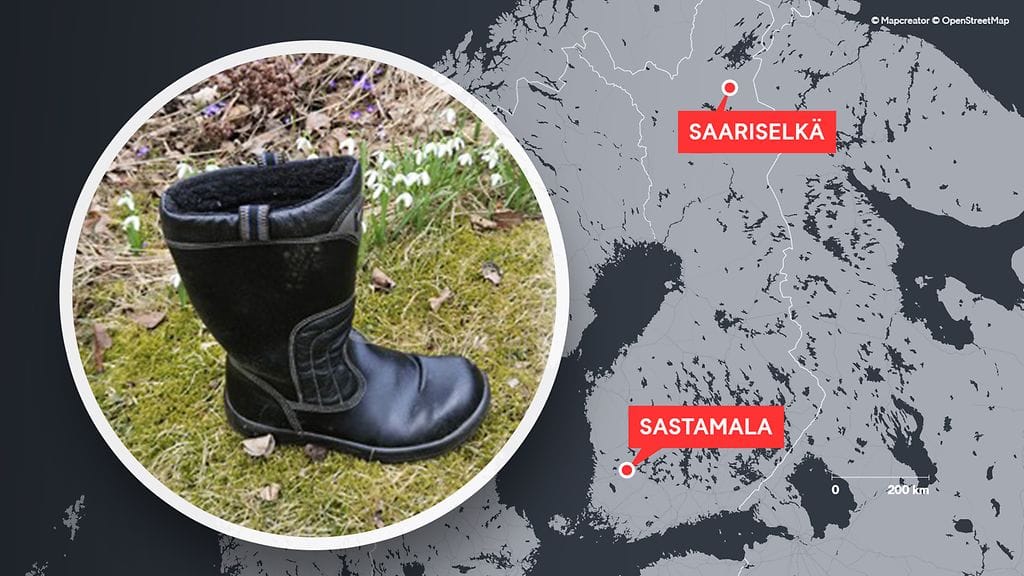 Tämä saapas löysi tiensä Lapista kotiin ihmisten avulaisuuden avulla.