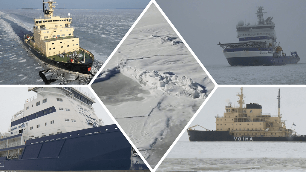 Kuvassa puolet Suomen kahdeksasta jäänmurtajasta. Vasemmalla ylhäällä Sisu, vieressä Nordica, sen alla Voima ja alavasemmalla Polaris.