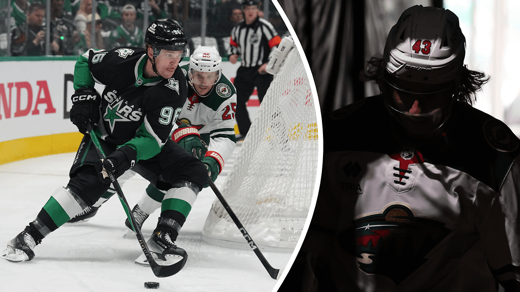 Mikko Rantanen (vas.) keräsi tehot 0+1 sarjan kakkosottelussa. Minnesota Wildin tähtipakki Quinn Hughes syötti kaksi osumaa, mutta jäi varmasti harmittelemaan isäntien 4–2-maalia.