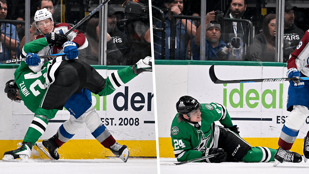 Roope Hintz loukkaantui maaliskuun alussa laitaväännössä Colorado Avalanchen Nathan MacKinnonin kanssa.