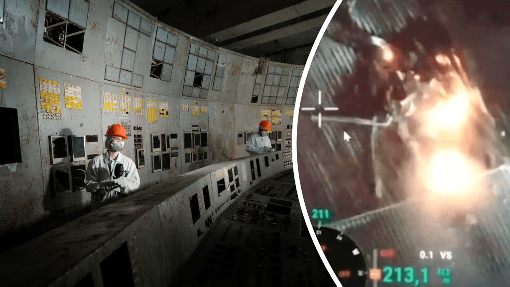 Kuvassa Tshernobylin ydinvoimalan tiloja huhtikuussa 2026. Oikealla kuvaa Venäjän drooni-iskun aiheuttamasta tulipalosta reaktorin suojakuoreassa helmikuussa 2025.