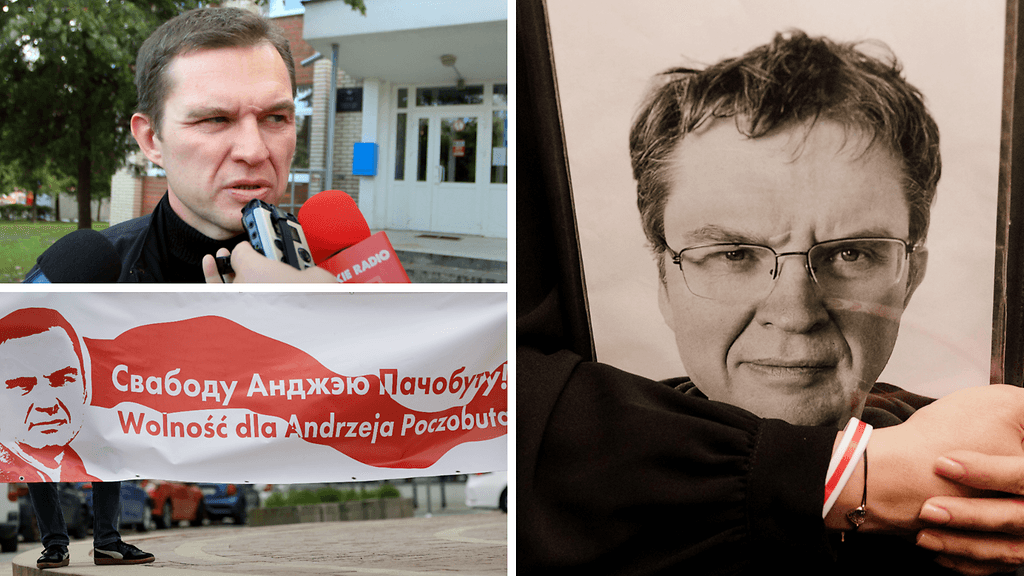 Useat aktivistit ovat vaatineet Andrzej Poczobutin vapautusta vankilasta. Vasemmassa yläkulmassa kuvaa miehestä vuodelta 2011, kun hän oli yhä vapaana.