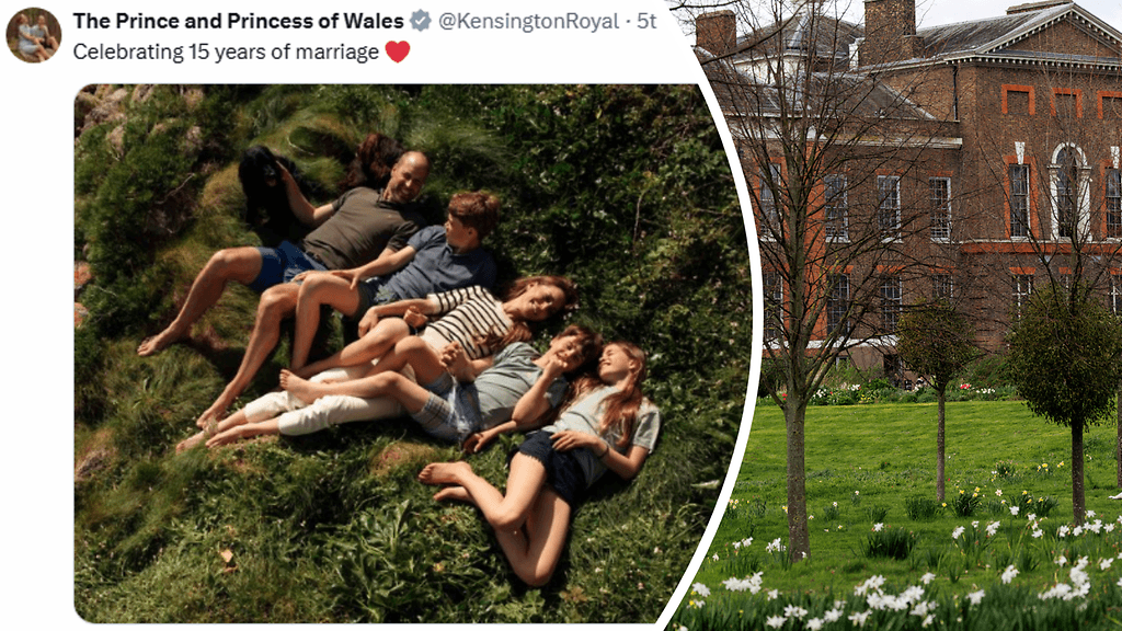 Walesin prinssipari julkaisi kuvan perheestään X:ssä. Oikealla puolella Kensingtonin palatsi, jossa perhe asuu.