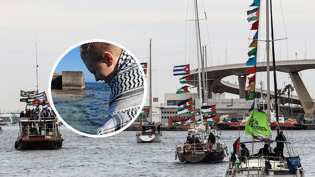 Gaza‑saarron murtamista tavoitelleen avustuslaivaston veneitä Barcelonan Port Vellissä. Pienessä kuvassa on laivueen mukana ollut suomalainen Alex.