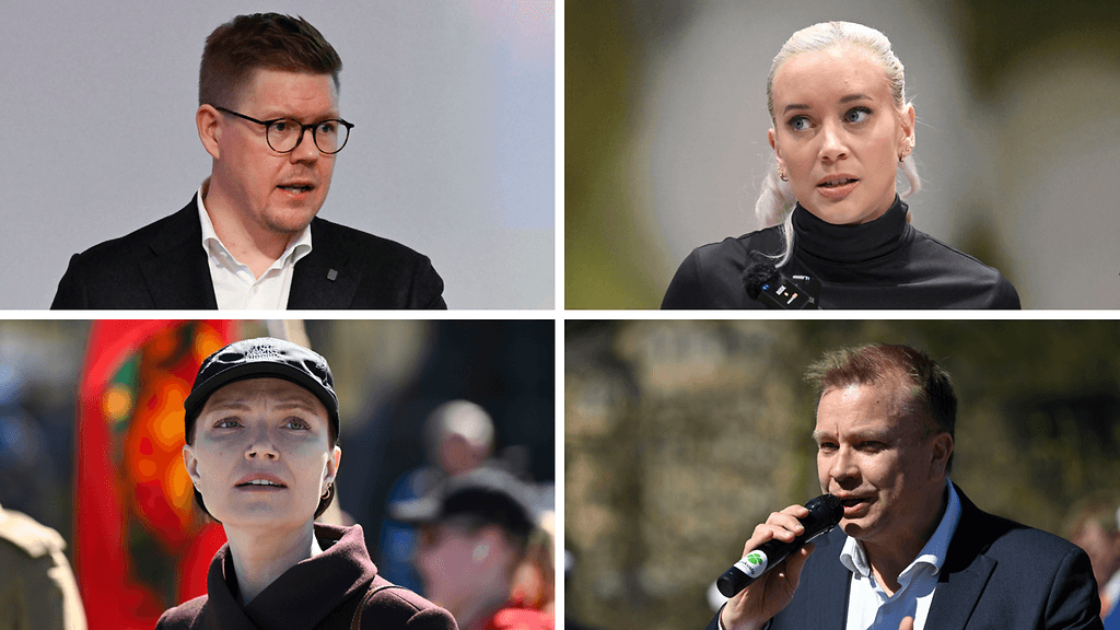 Puheenjohtajat pitivät vappupäivänä perinteiseen tapaan vappupuheita. Vasemmalta ylhäältä myötäpäivään: Antti Lindtman (sd.), Sofia Virta (vihr.), Antti Kaikkonen (kesk.) ja Minja Koskela (vas.).