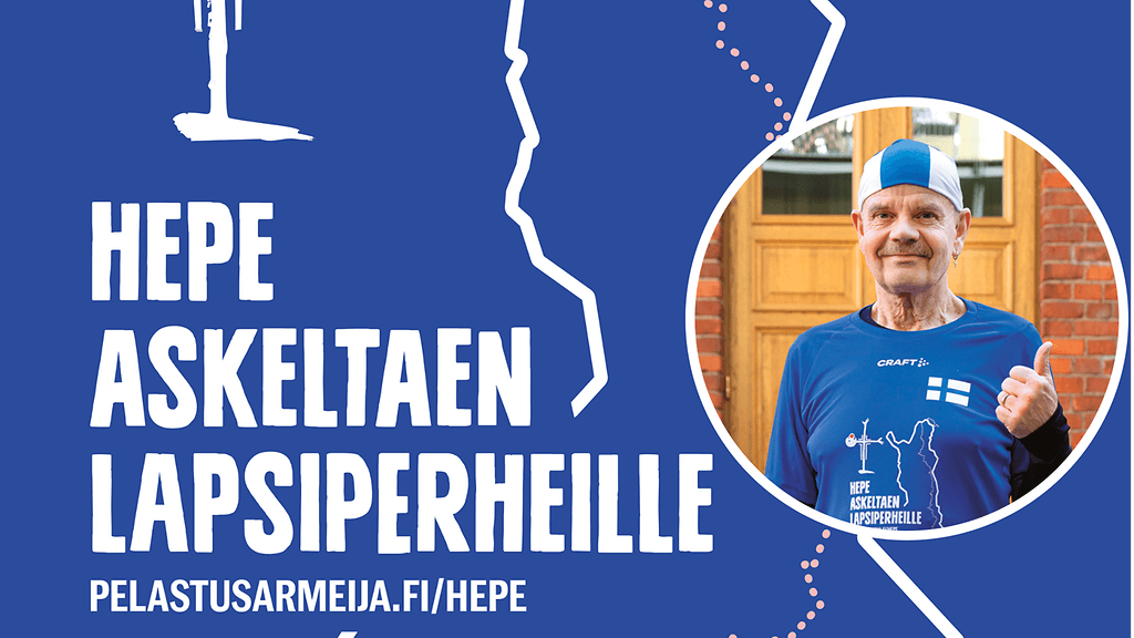 Heikki Tanskanen askeltaa varoja Pelastusarmeijan Auta ihmistä -keräyksen kautta apua tarvitseville lapsiperheille.