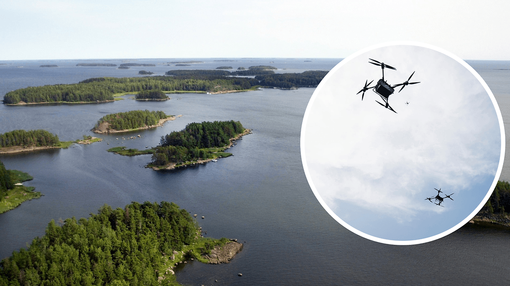 Isossa kuvassa on maisema Suomenlahdelta ja pienessä kaksi droonia. Droonit ja kyseinen paikka eivät liity uutisessa kuvattuun tilanteeseen.