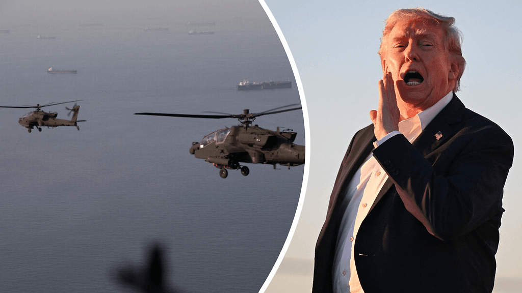 Yhdysvaltain AH 64 Apazhe -taisteluhelikopterit partioivat Hormuzinsalmen yllä 17. huhtikuuta julkaistussa kuvassa. Oikealla Donald Trump kuvattuna 3. toukokuuta Miamissa.