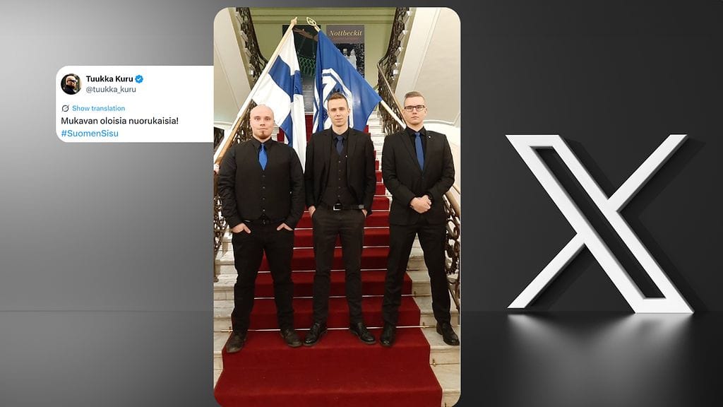 Sinimustan liikkeen nykyinen puheenjohtaja Tuukka Kuru kuvassa vasemmalla ja nykyinen sisäministerin erityisavustaja Asseri Kinnunen oikealla. Kuva on Suomen Sisun tapahtumasta vuodelta 2020.