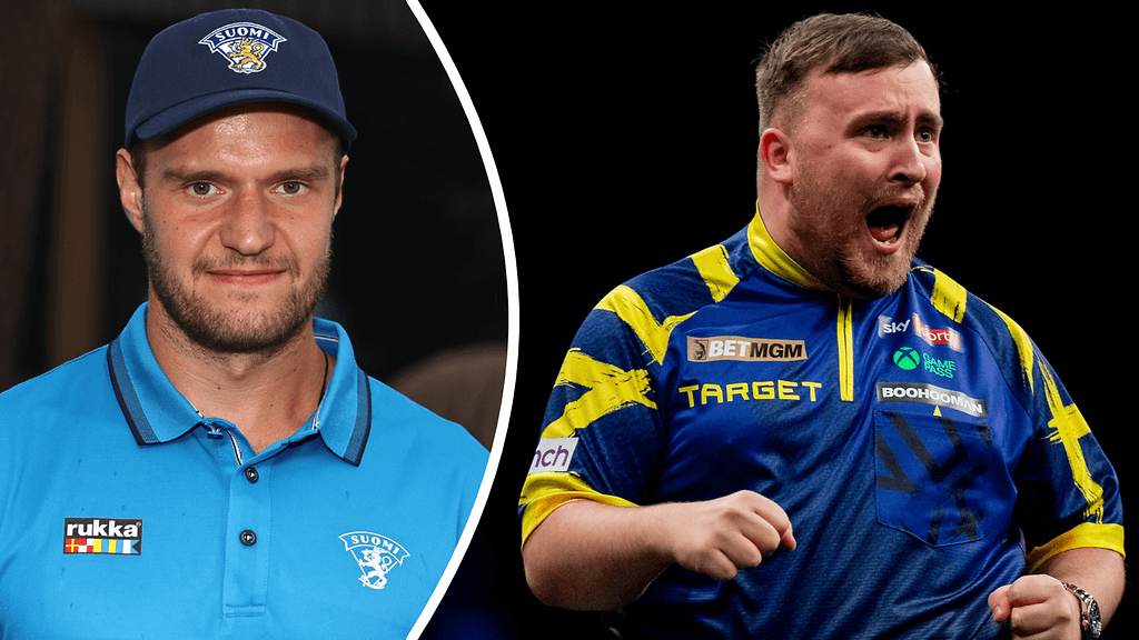 Aleksander Barkov (vas.) ihailee darts-tähti Luke Littlerin kilpailuhermoja.