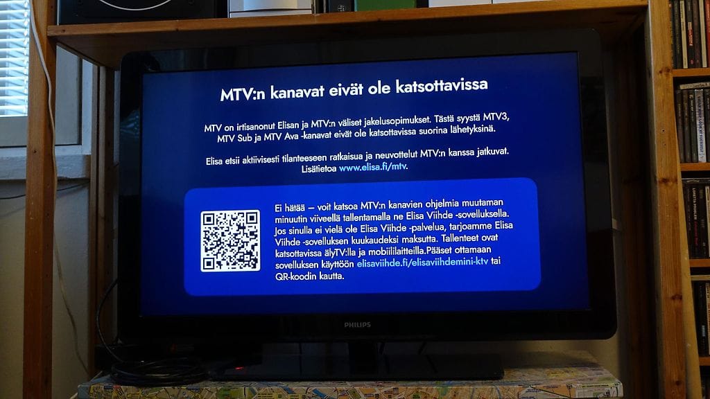 MTV:n kanavat eivät ole katsottavissa -ilmoitus televisiossa Helsingissä keskiviikkoaamuna 13. toukokuuta 2026.