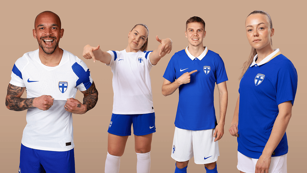 Nikolai Alho, Oona Sevenius, Leo Walta ja Olga Ahtinen Huuhkajien ja Helmarien uusissa pelipaidoissa.