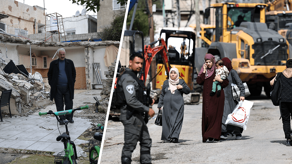 Al-Bustanin alueen purkutyöt Jerusalemissa. Vasemmalla Al-Bustanin yhteisön johtaja Fakhri Abu Diab.