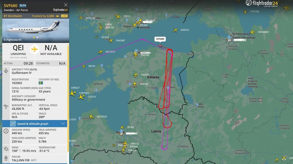 Flightradar Ruotsin tiedusztelukone Virossa 19.5