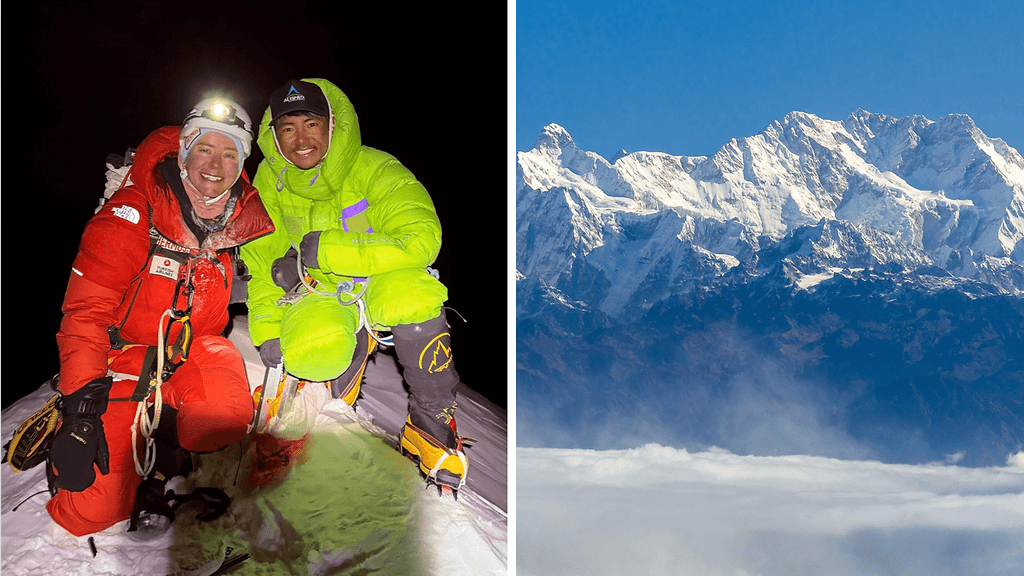 Vuorikiipeilijä Anni Penttilä ja sherpa Mingma Jangbu sekä Kanchenjunga-vuori