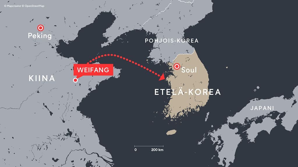 Ihmisoikeusaktivisti oli lähtenyt kumiveneellä Weifangin kaupungista Kiinasta ja päätynyt Etelä-Korean edustalle.