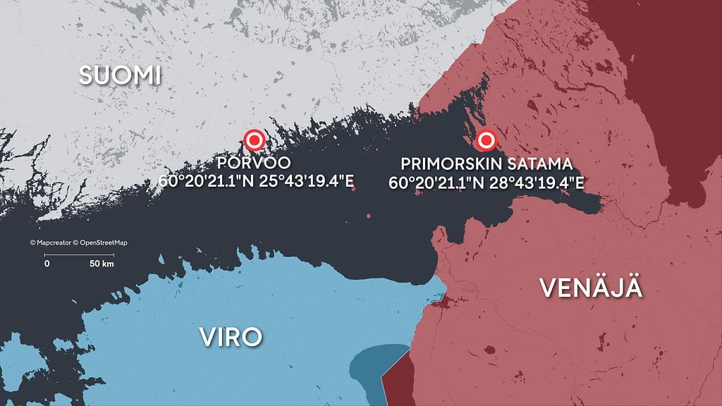 Kartta näyttää, että Porvoon ja Ukrainan kohteena olevan Primorskin öljysataman koordinaateissa on vain yhden numeron ero.