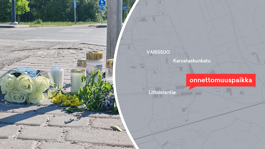 Kuva onnettomuuspaikalta. Onnettomuuspaikka havainnellistettuna myös kartalla.