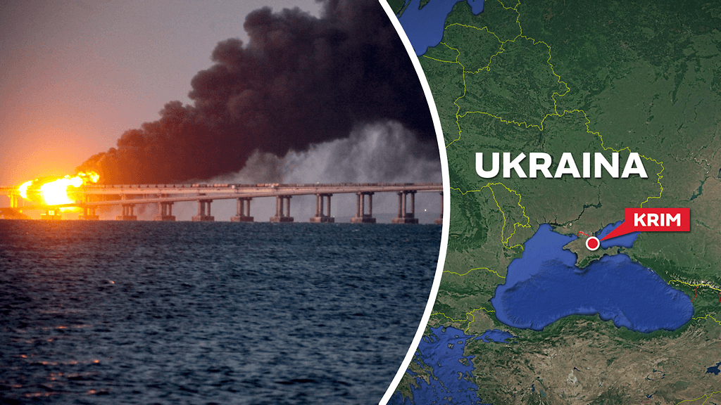Kertshinsalmen silta on tärkeä Venäjän huoltovarmuudelle ja yhdistää Krimin niemimaan Venäjään. Kuvassa Ukrainan isku lokakuussa 2022.