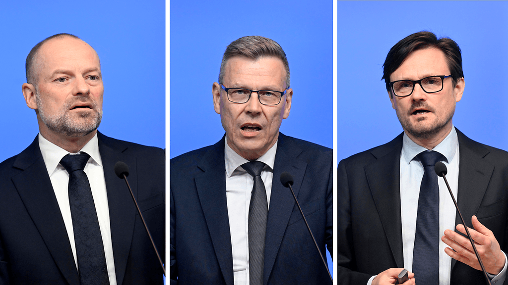 Vasemmalta oikealle: Finanssineuvos Seppo Orjasniemi, valtiovarainministeriön ylijohtaja Mikko Spolander ja finanssineuvos Janne Huovari.