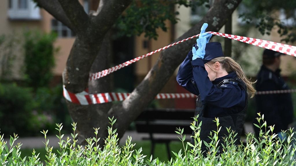 Poliisit tutkivat paikkaa, jossa venäläistaiteilija ammuttiin 15. kesäkuuta.
