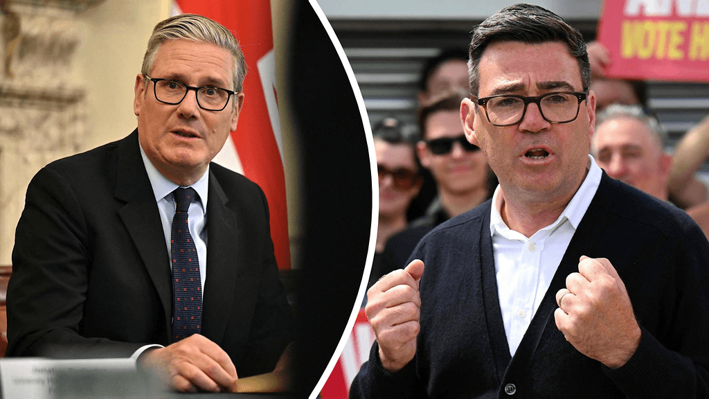 Britannian pääministeri Keir Starmer onnittelee puoluetoveriaan Andy Burnhamia (oik.) täytevaalien voitosta.