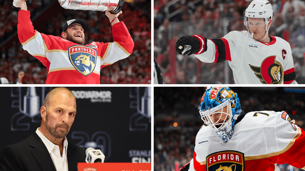 Brady Tkachuk (oik. ylh.) tuli Aleksander Barkovin (vas. ylh.) seurakaveriksi Floridaan. Bill Ziton (vas. alh.) pitää ratkaista kysymykset Sergei Bobrovskin (oik. alh.) ja Panthersin maalivahtiosaston ympärillä.