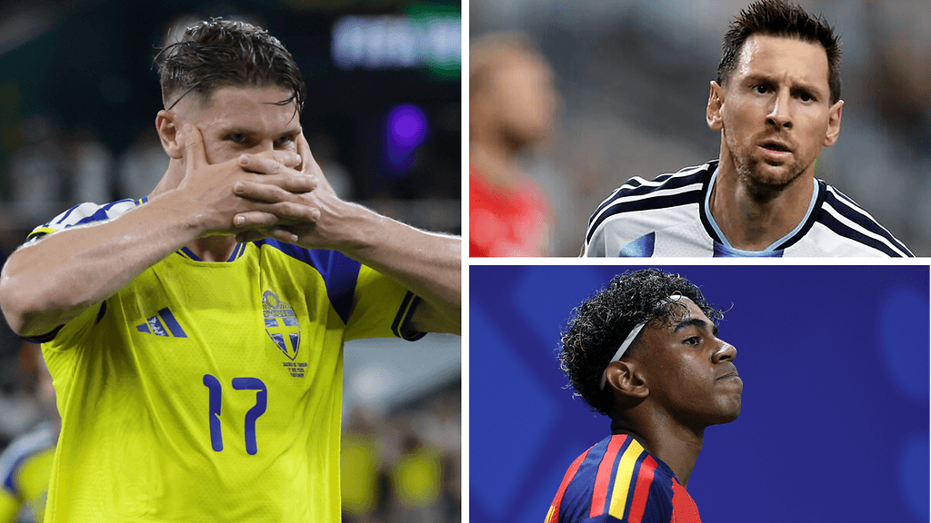 Jalkapallon MM-turnauksen lohkovaiheen päätöskierroksella on valtavat panokset. Ruotsin Viktor Gyökeres (vas.), Argentiinan Lionel Messi (oik. ylh.) ja Espanjan Lamine Yamal ovat tärkeitä pelaajia joukkueilleen.
