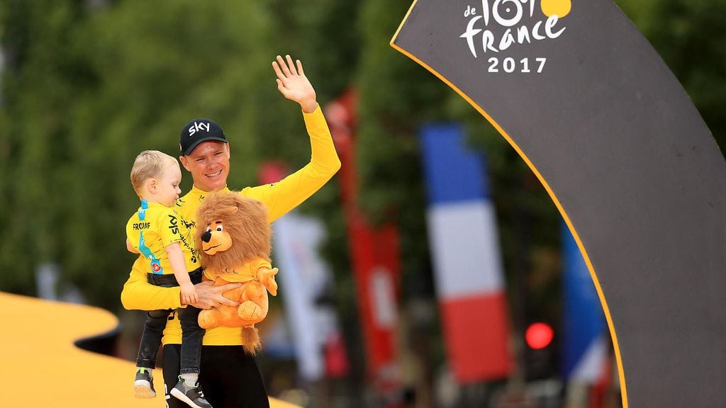 Chris Froome juhli kokonaisvoittoa Tour de Francessa vuosina 2013, 2015, 2016 ja 2017 (kuvassa).