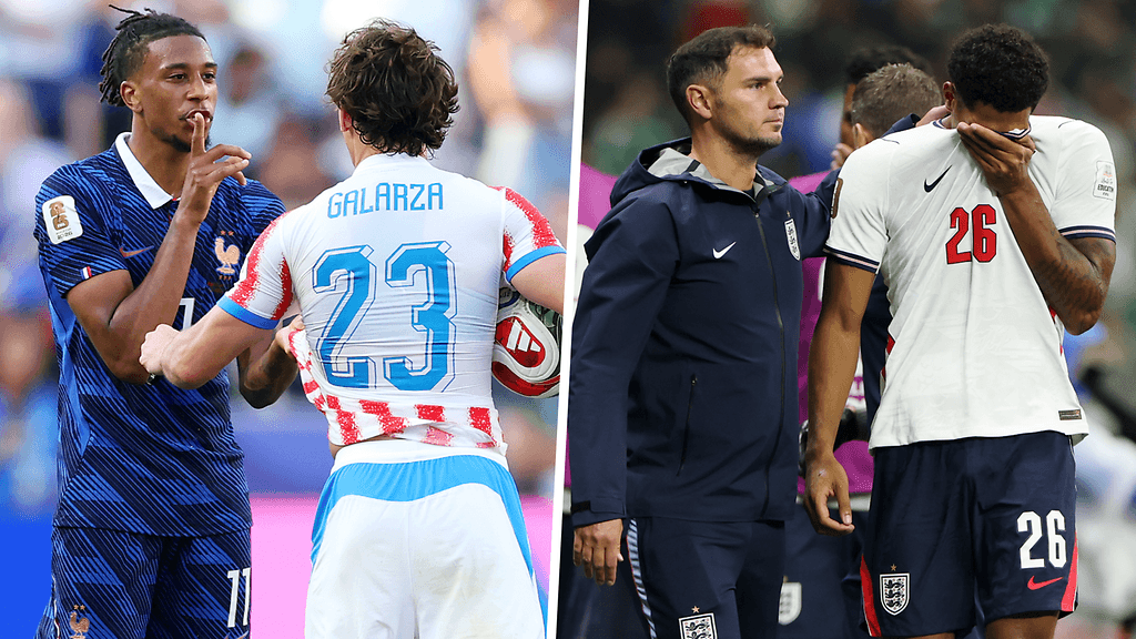 Ranskan Michael Olise (vas.) sai keltaisen kortin Paraguay-ottelussa, Jarell Quansah (oik.) näki punaista Meksiko-pelissä.