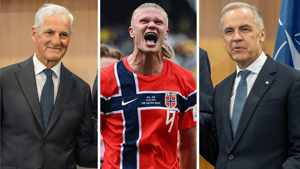 Norjan pääministeri Jonas Gahr Störe (vas.) sai kanadalaiskollegaltaan Mark Carneylta (oik.) odottaman ehdotuksen Erling Haalandista.
