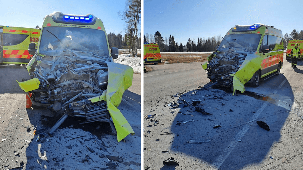 Hurjassa nopeudessa tapahtunut kolari aiheutti ambulanssille vakavat vauriot. Myös sisällä olleet saivat vammoja.