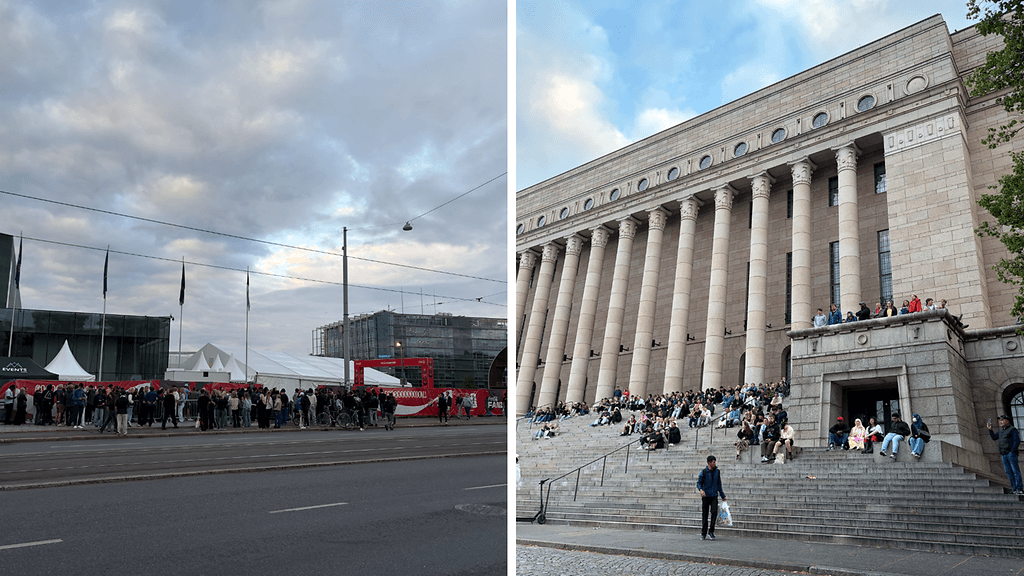 MM-finaalin alkuillasta eduskuntatalon portaat ja fanialueen jono