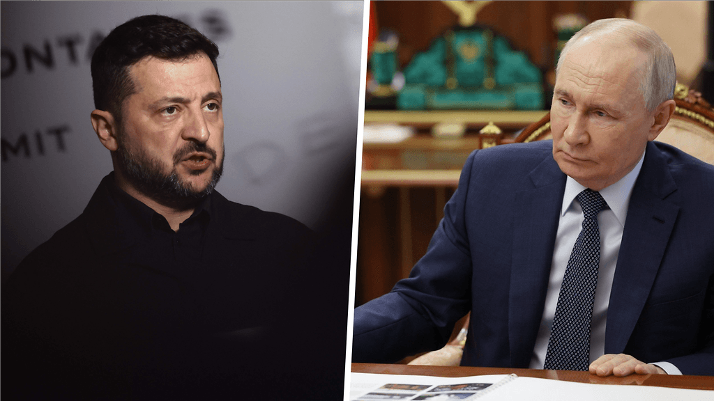 Kuvituskuvassa Ukrainan presidentti Volodymyr Zelenskyi ja Venäjän presidentti Vladimir Putin.