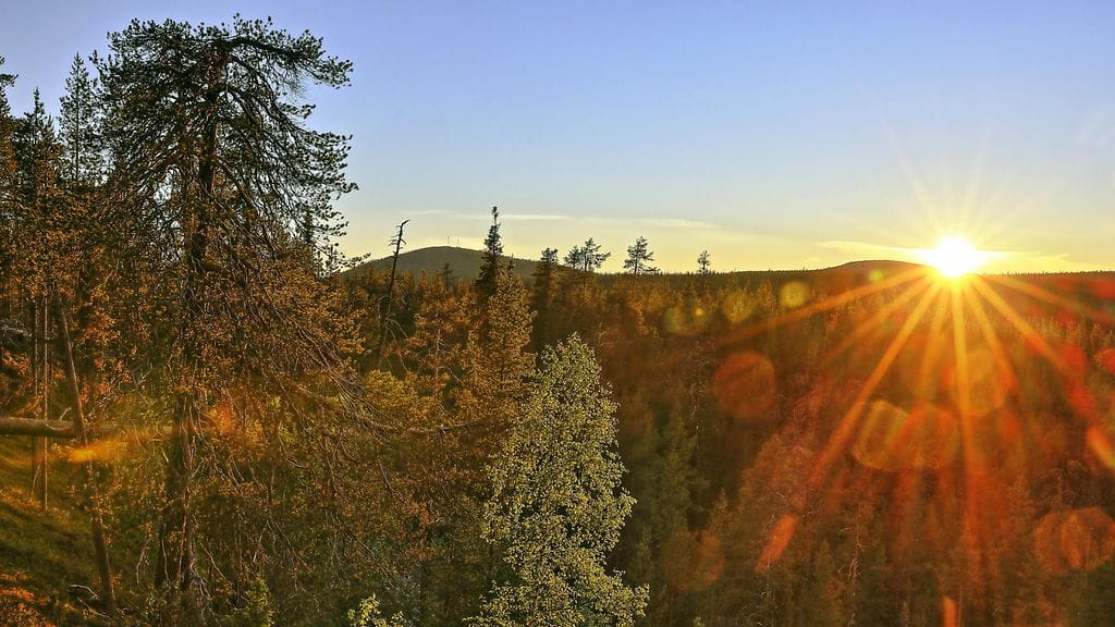 Yöttömän yön aikaan aurinko ei laske horisontin alapuolelle lainkaan. Kuvassa ovat Sallatunturit juhannuksen aikaan yöttömässä yössä.