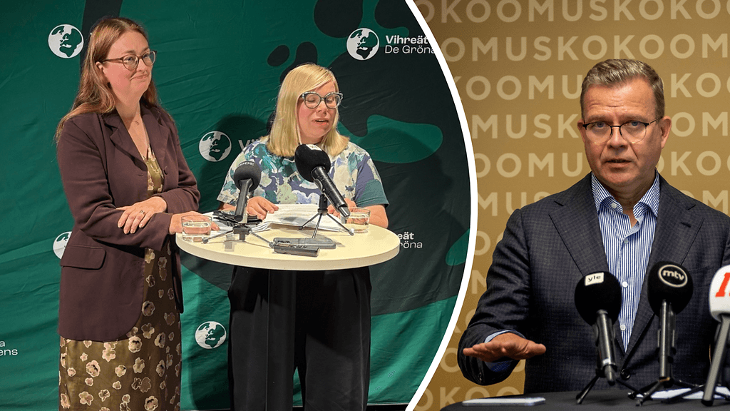 Vihreiden eduskuntaryhmän varapuheenjohtajat Inka Hopsu (vas.) ja Saara Hyrkkö kertoivat tiistaina vihreiden politiikan tavoitteista. Sapiskaa sai ennen kaikkea Petteri Orpon kokoomus.