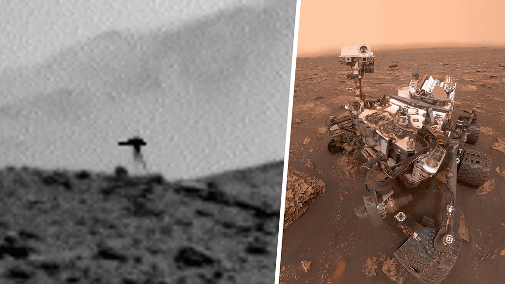 Curiosity-mönkijän ottama kuva Marsista, jossa näkyy erikoinen, meduusaa muistuttava varjo. Oikealla kuva itse Curiositystä.