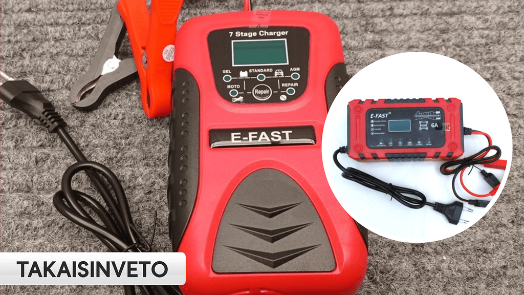 Kaksi akkulaturia vedetään myynnistä. Isommassa kuvassa 7-Stage Smart Battery Charger, ympyräkuvassa 12V Intelligent Repair Charger, TK-380.