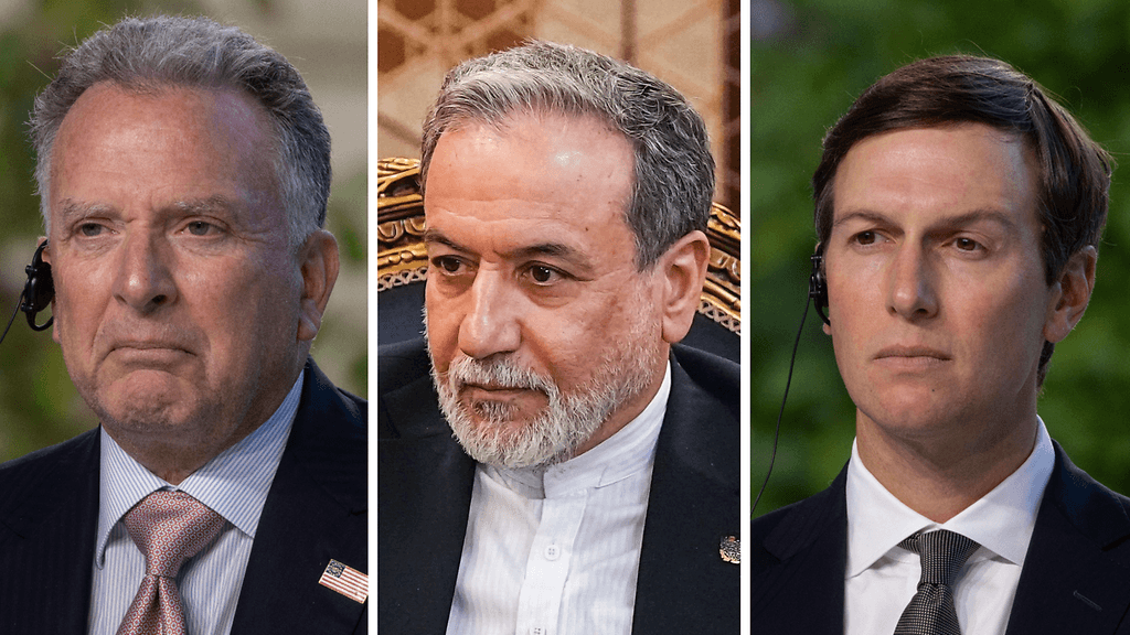 Vasemmalla Steve Witkoff, keskellä Abbas Araghchi, oikealla Jared Kushner.