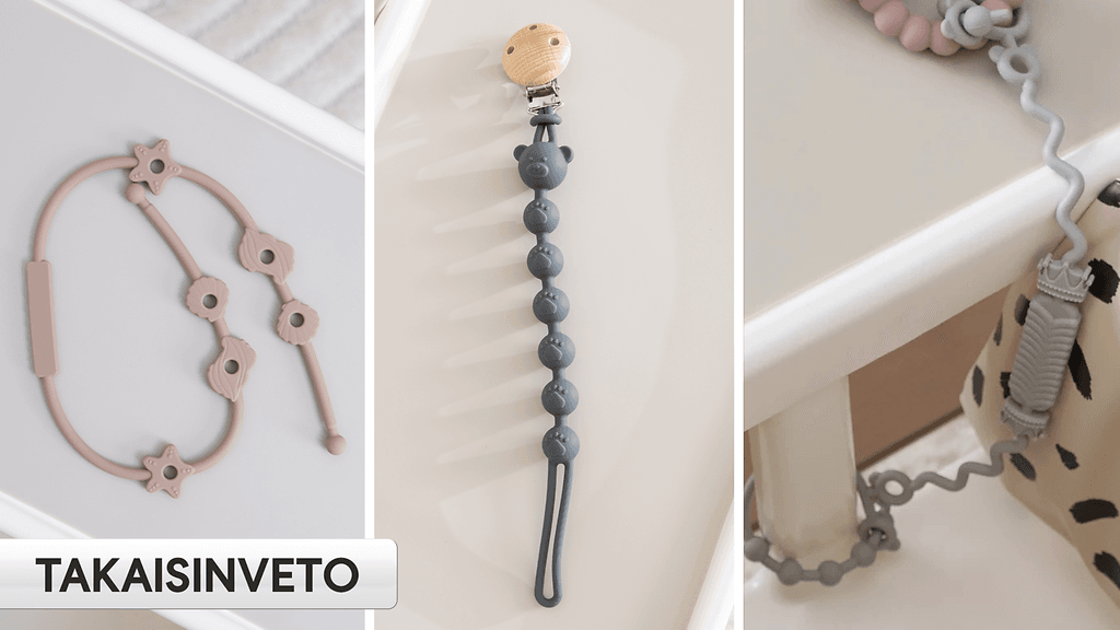 Takaisinvedettävät tuotteet: Anti-Drop Silicone Chain Ocean (vas.), silikoniset Teddy-tuttinauhat (keskellä) ja Anti-Drop Silicone Chain (oik.).