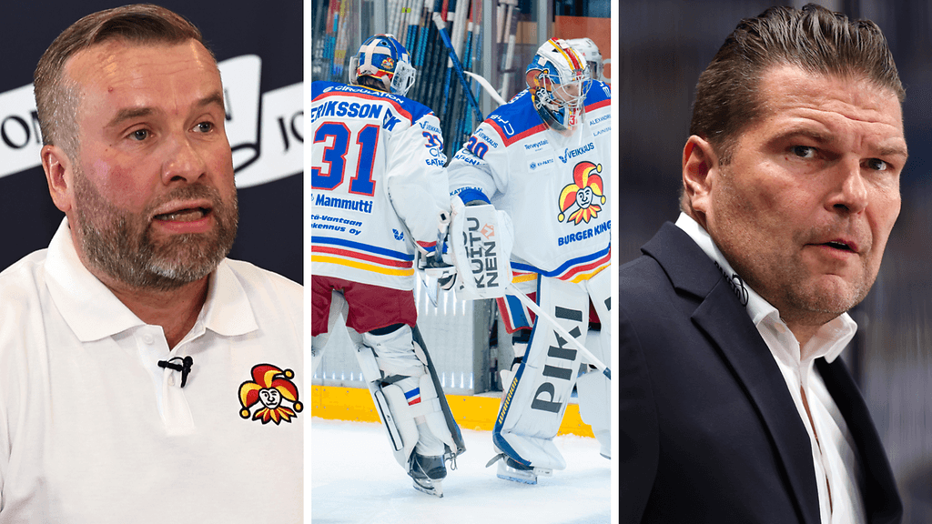 Olli-Pekka Yrjänheikki (vas.) on kovassa paikassa Jokerien urheilupomona. Päävalmentaja Tomek Valtonen (oik.) sai potkut.