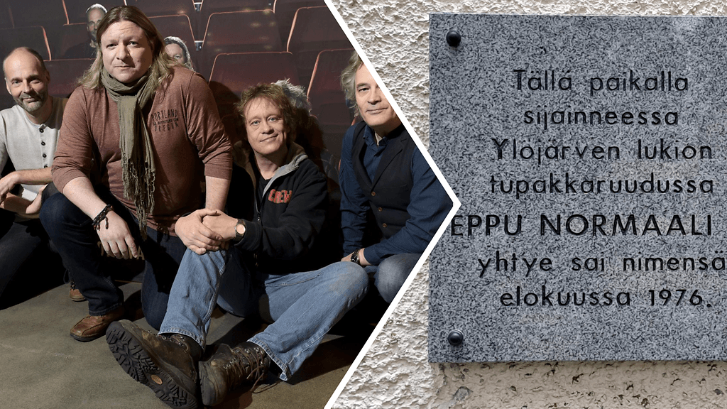 Koko Eppu Normaali -yhtye osallistui laatan julkistamistilaisuuteen Kauraslammen koululla eilen tiistaina.