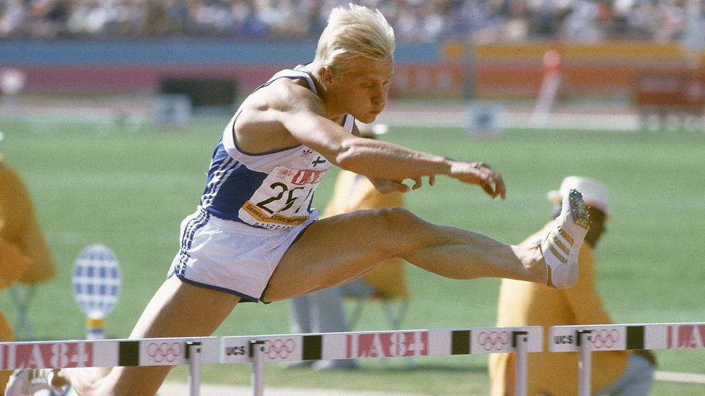 Arto Bryggare aitoi 110 m aitajuoksun pronssille Los Angelesissa 1984.