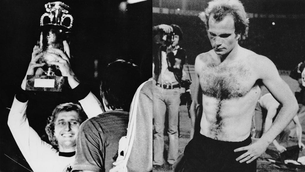 1976 Jugoslavia: Tšekkoslovakian kapteeni Jan Pivarnik nosti voittopokaalin ilmaan. Tšekit voittivat Länsi-Saksan rankkareilla 5-3, Uli Hoeneß (oik.) allapäin epäonnistuneen rankkarinsa jälkeen.