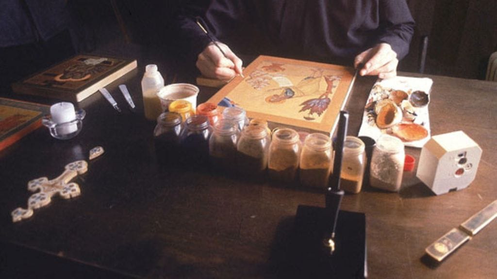 Ikonimaalaus voi olla yksi munkin kuuliaisuustehtävistä. Kuvassa ikonimaalausta Valamon luostarissa.